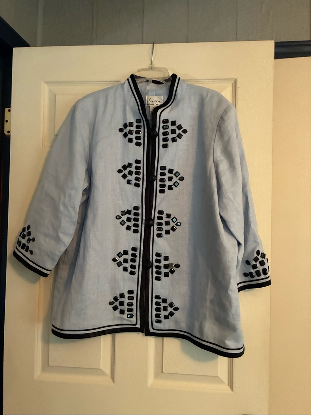 Linea by Louis Dell'Olio Light Blue Embellished Coat with Black Trim